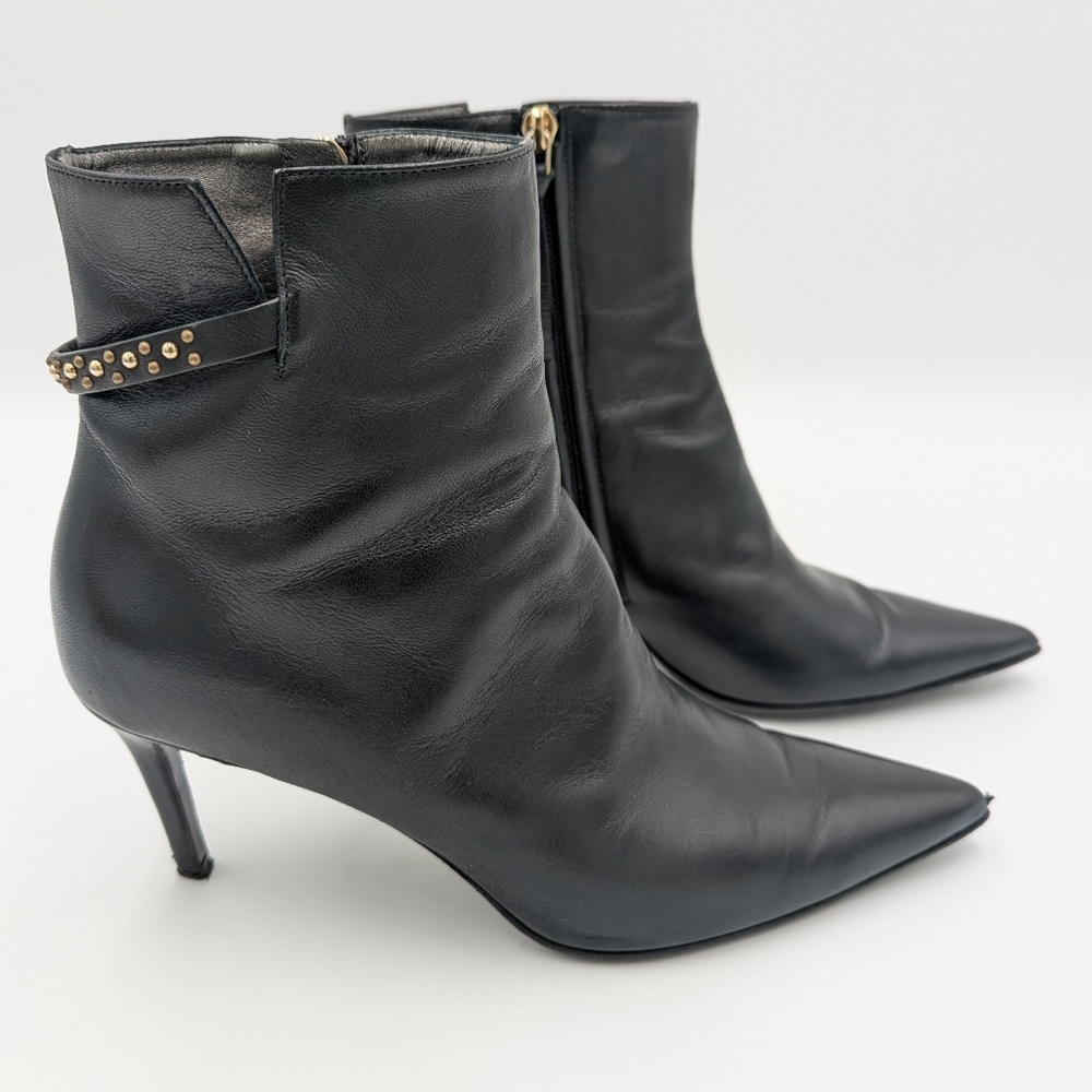 Dorothee Schumacher Black Leather Studded Ankle Boots Pointed Toe Stiletto 39EU